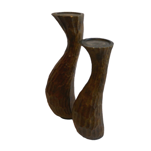 Pair Faux Wood Rustic Resin Curvy Textured Pillar Candle Holders - Picture 2 of 16